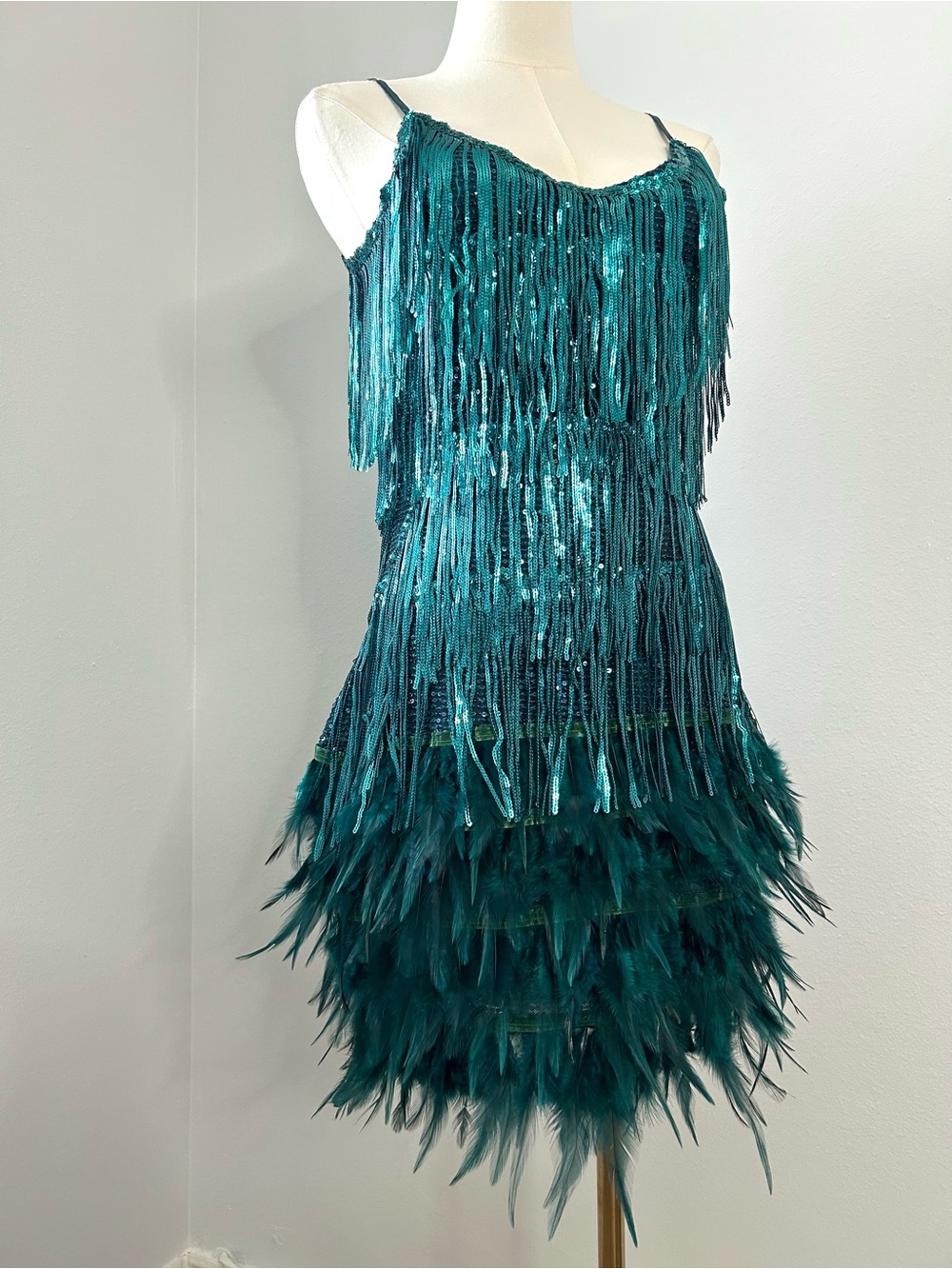 Mew Mews Teal Feather Sequins Fringe Strappy Statement Cocktail Dress Womens S